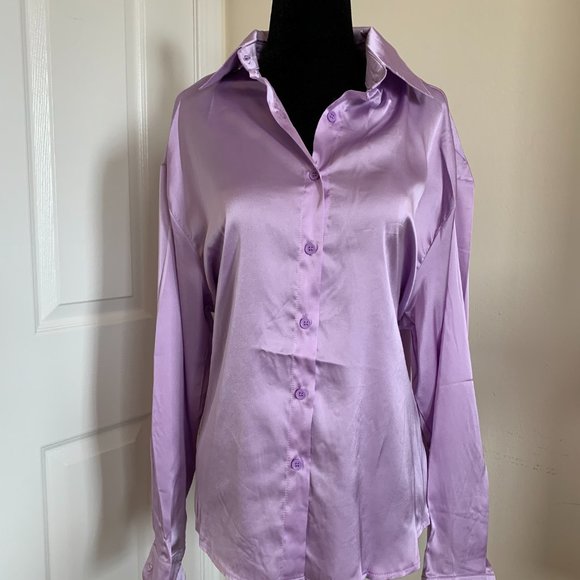 Lilac Satin Button Up Blouse - Picture 7 of 8